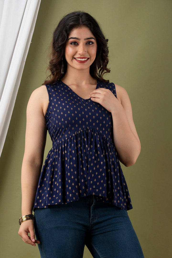 Blue Rayon Printed Flared Top