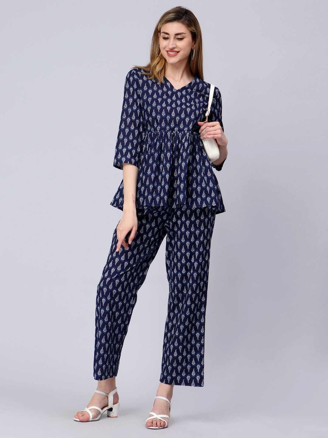 Navy Blue Pure Cotton Peplum Co-Ord Set