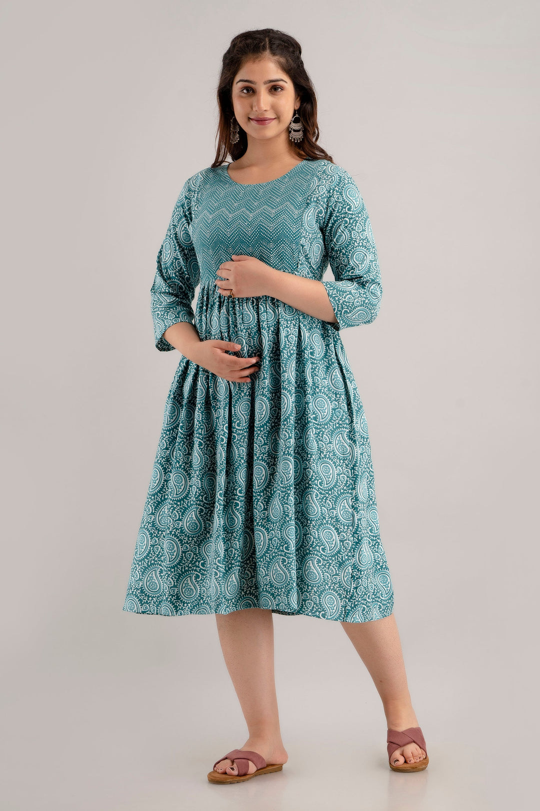 Teal Rayon Paisley Print Maternity Dress