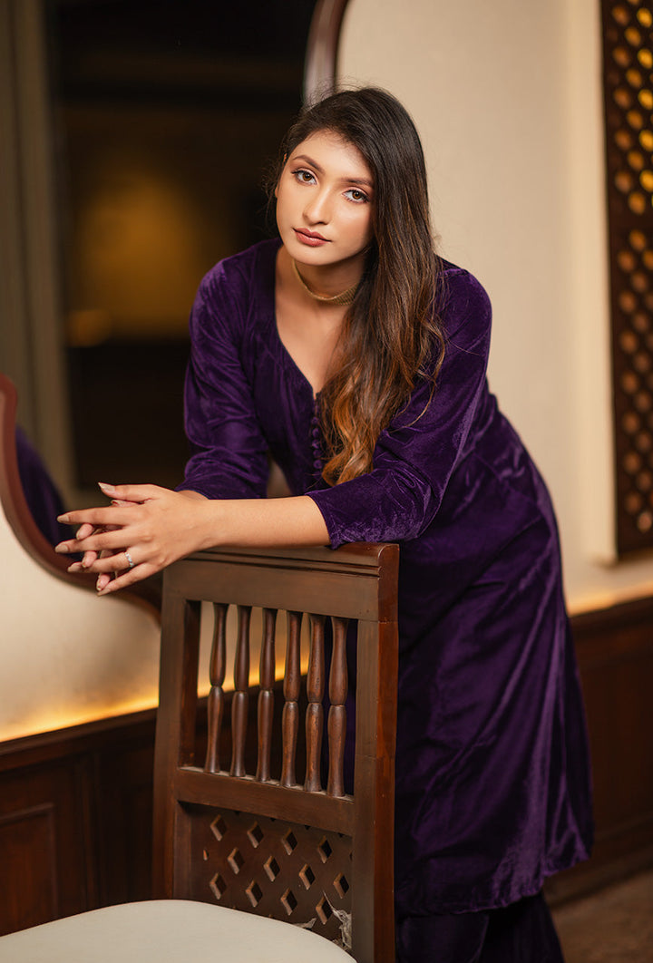 ZERESOUQ-Purple-Velvet-Solid-Co-ord-Set