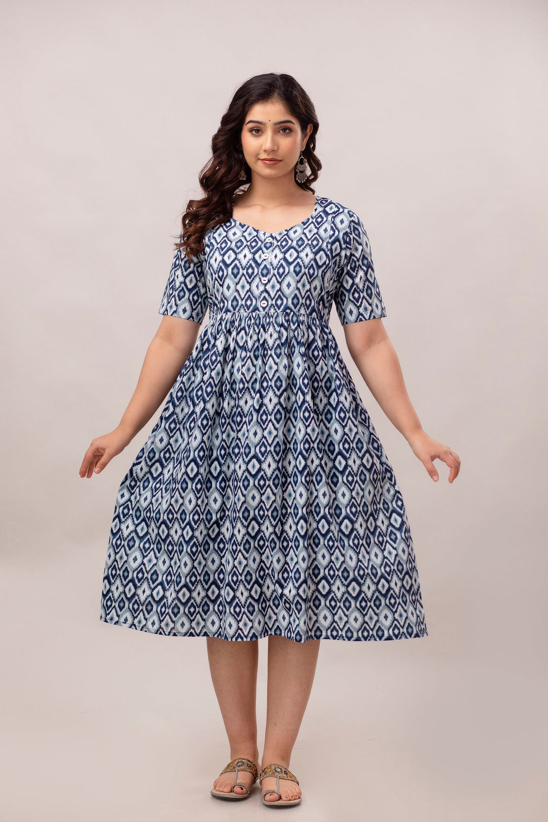 Blue Cotton Geometric Ikat Print Maternity Dress