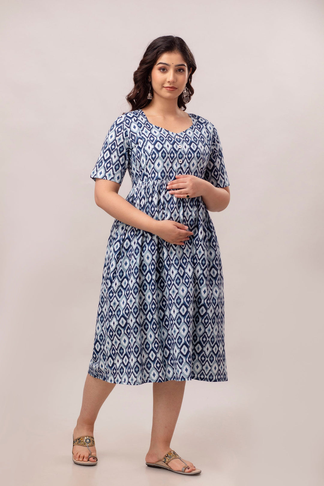 Blue Cotton Geometric Ikat Print Maternity Dress