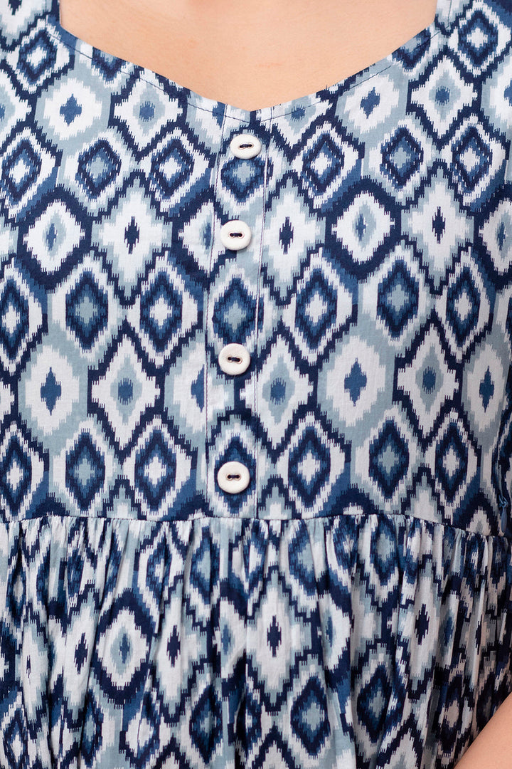 Blue Cotton Geometric Ikat Print Maternity Dress