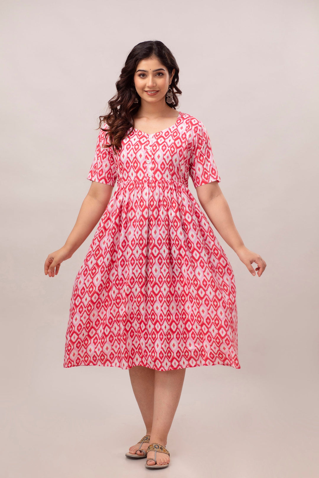 Pink Cotton Geometric Ikat Print Maternity Dress