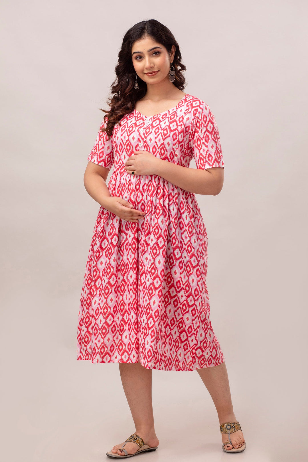Pink Cotton Geometric Ikat Print Maternity Dress