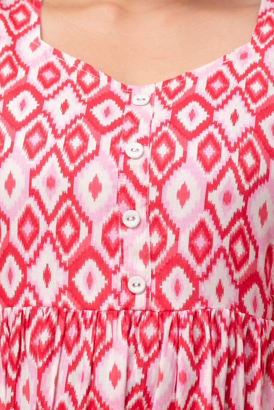 Pink Cotton Geometric Ikat Print Maternity Dress