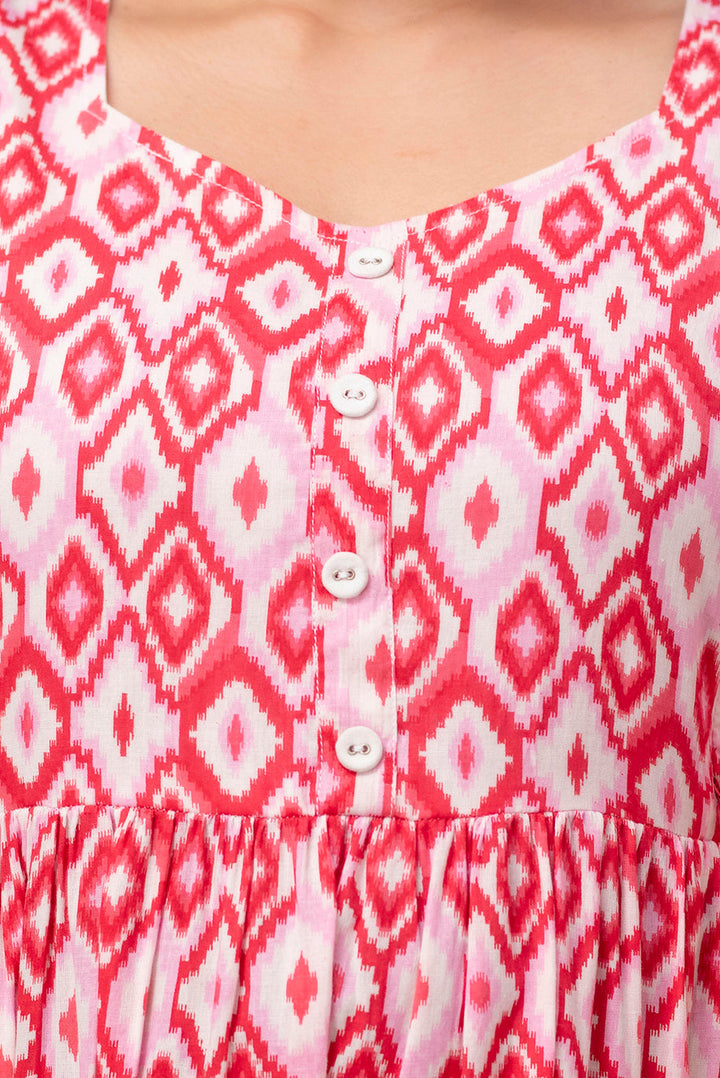Pink Cotton Geometric Ikat Print Maternity Dress