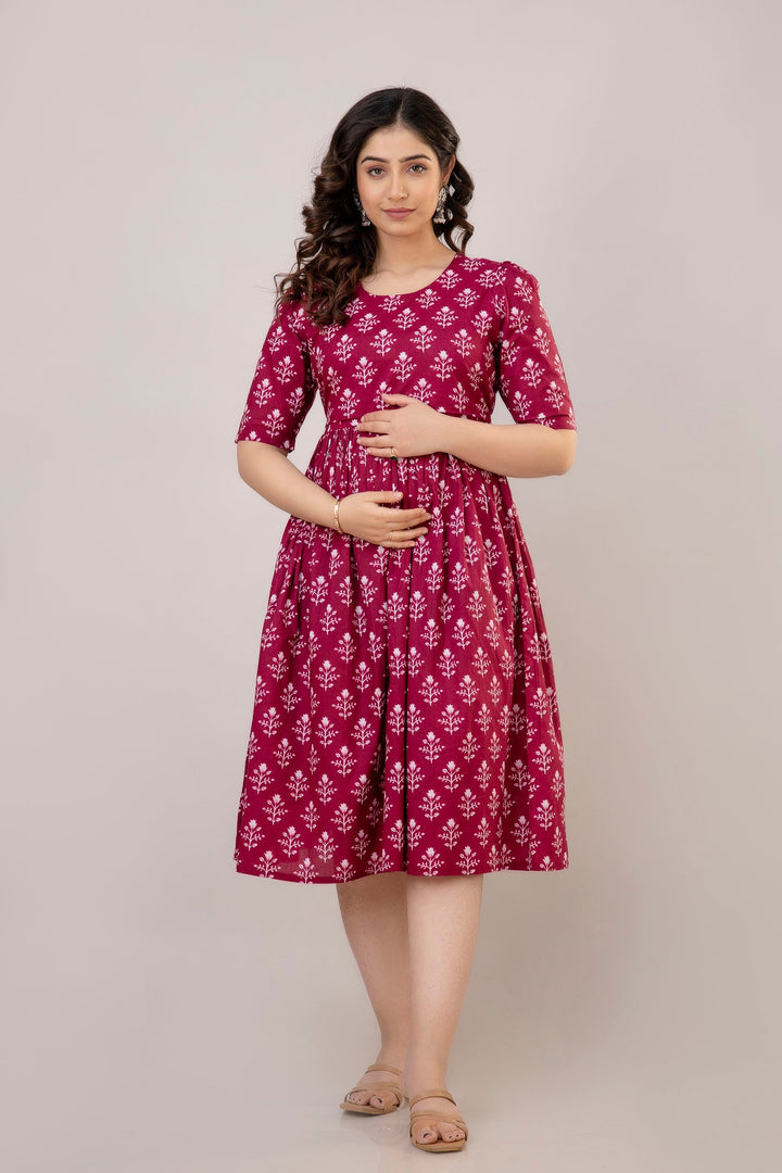 Purple Cotton Maternity Dress in Floral Prints