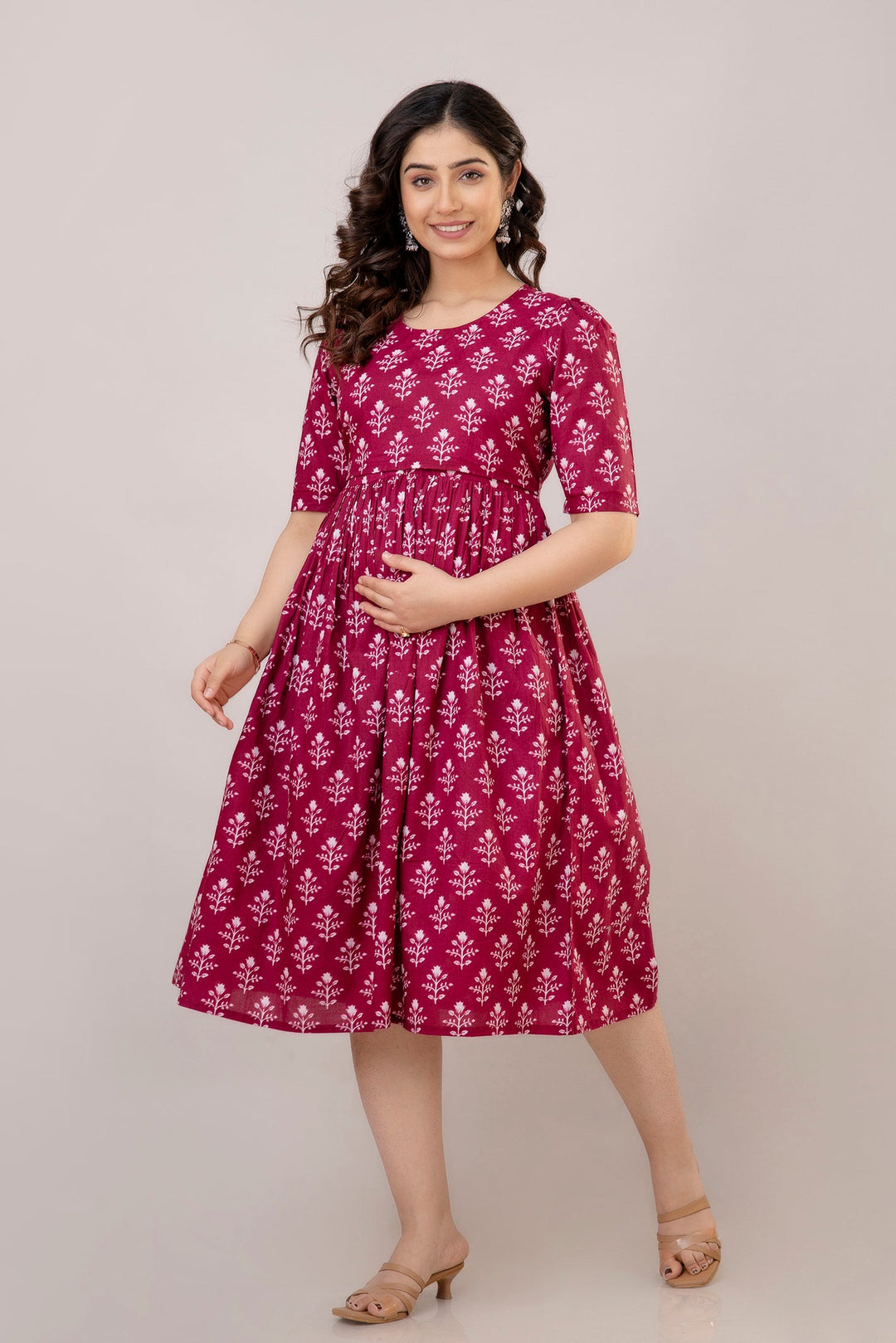 Purple Cotton Maternity Dress in Floral Prints
