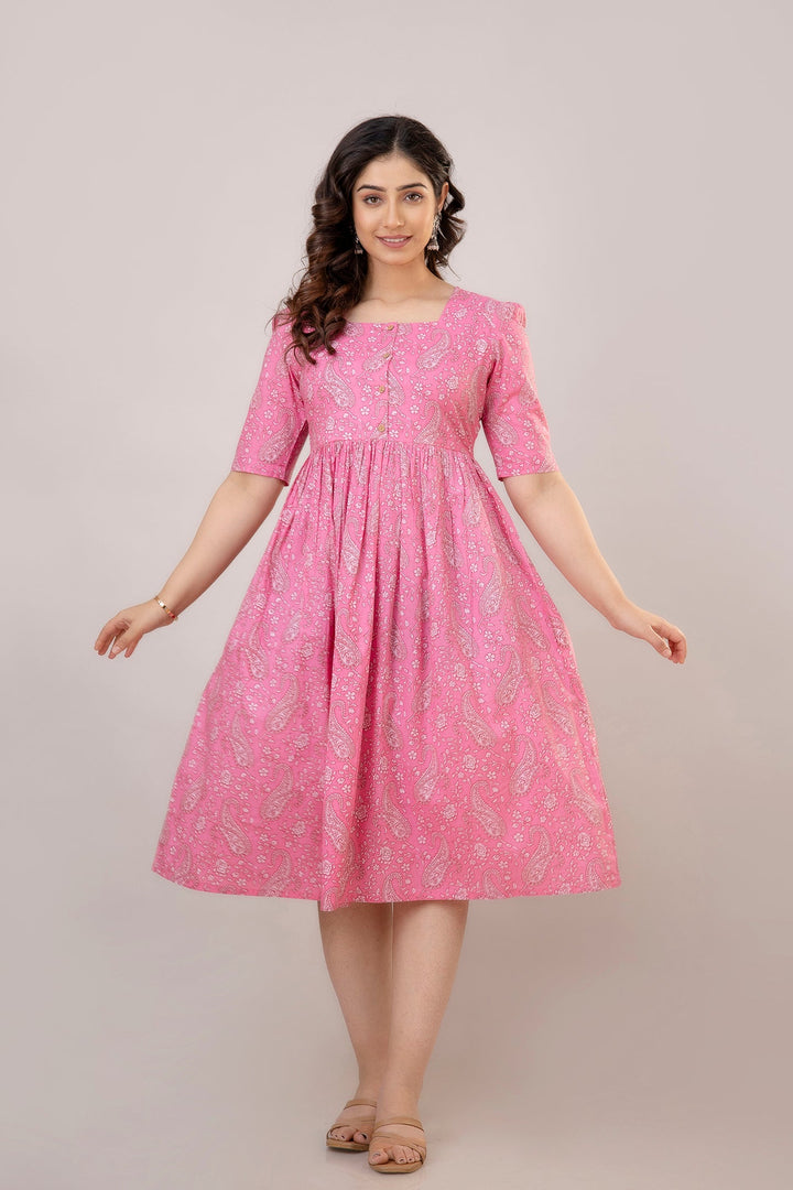 Pink Cotton Maternity Dress in Paisley Prints