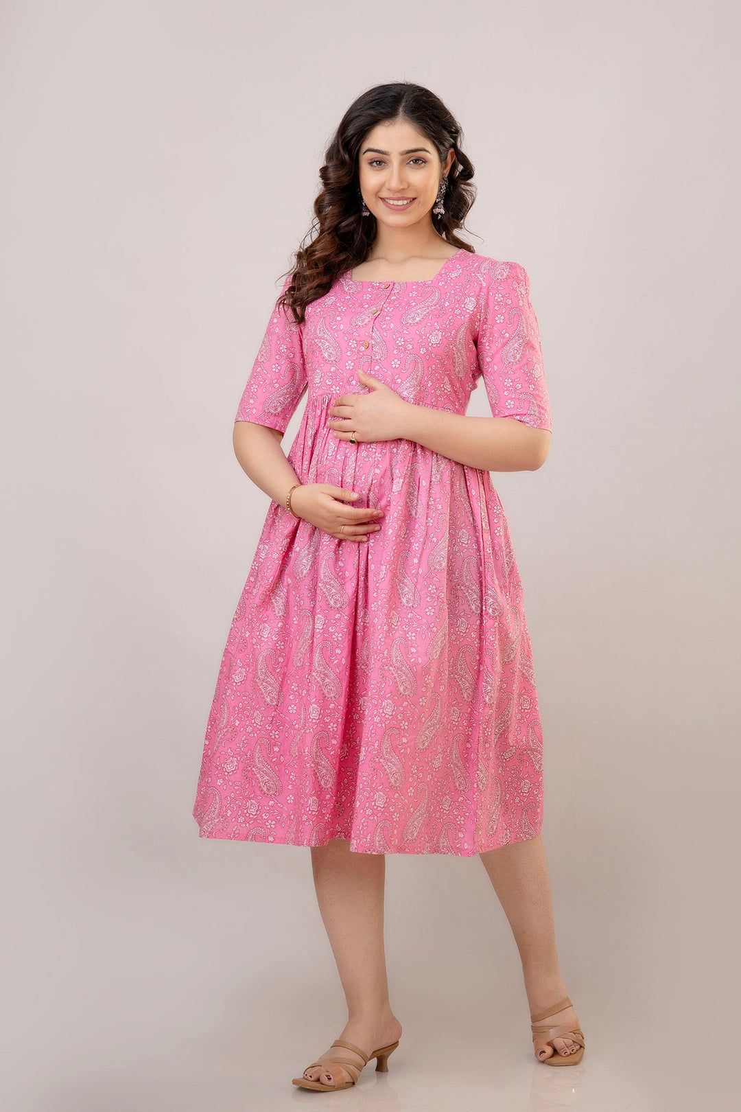Pink Cotton Maternity Dress in Paisley Prints