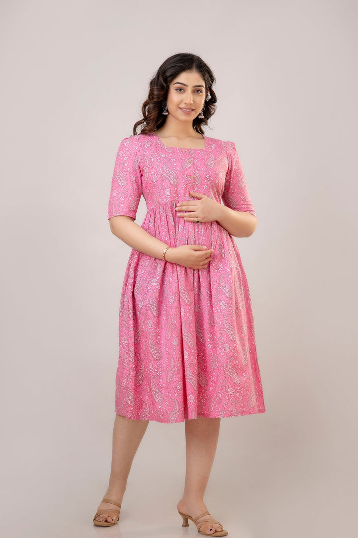 Pink Cotton Maternity Dress in Paisley Prints