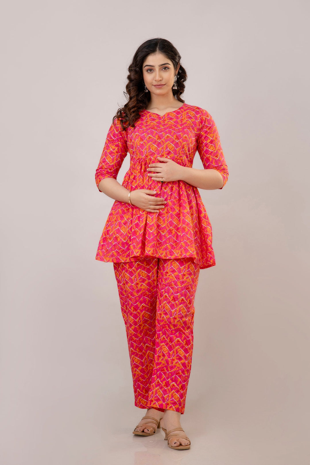 Fuchsia Pink Cotton Abstract Print Maternity Co-Ord Set