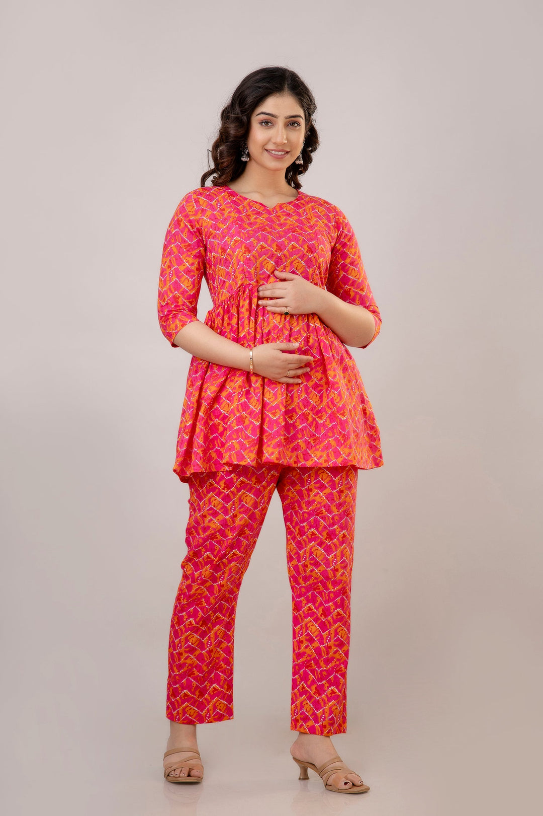 Fuchsia Pink Cotton Abstract Print Maternity Co-Ord Set