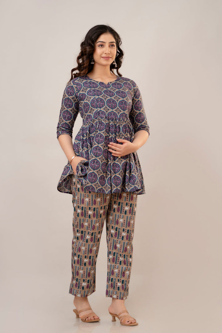 Purple Cotton Floral Print Maternity Co-Ord Set