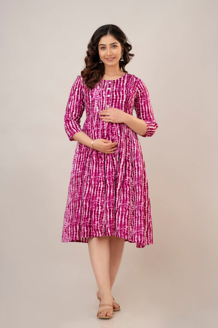 Purple Rayon Shibori Tie-Dye Print Maternity Dress