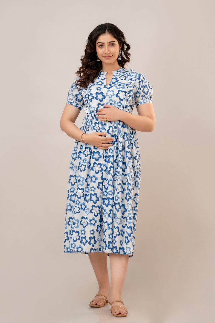 White & Blue Cotton Floral Print Maternity Dress
