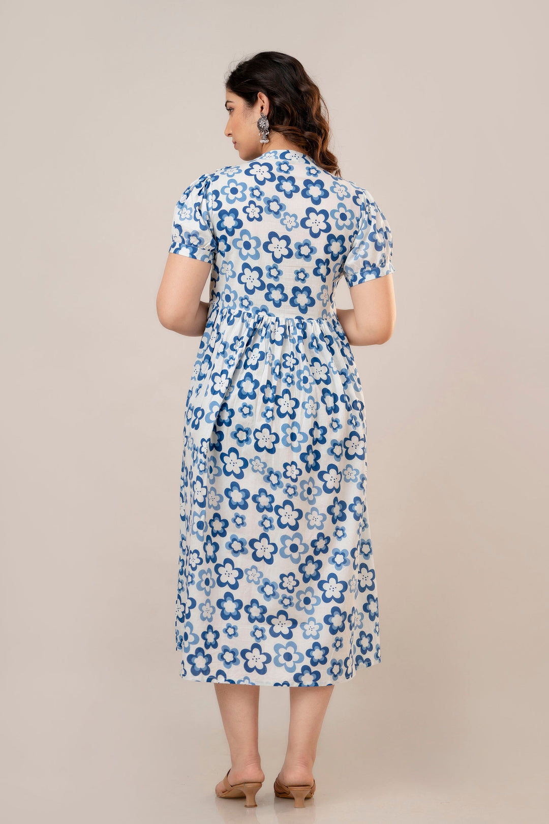White & Blue Cotton Floral Print Maternity Dress