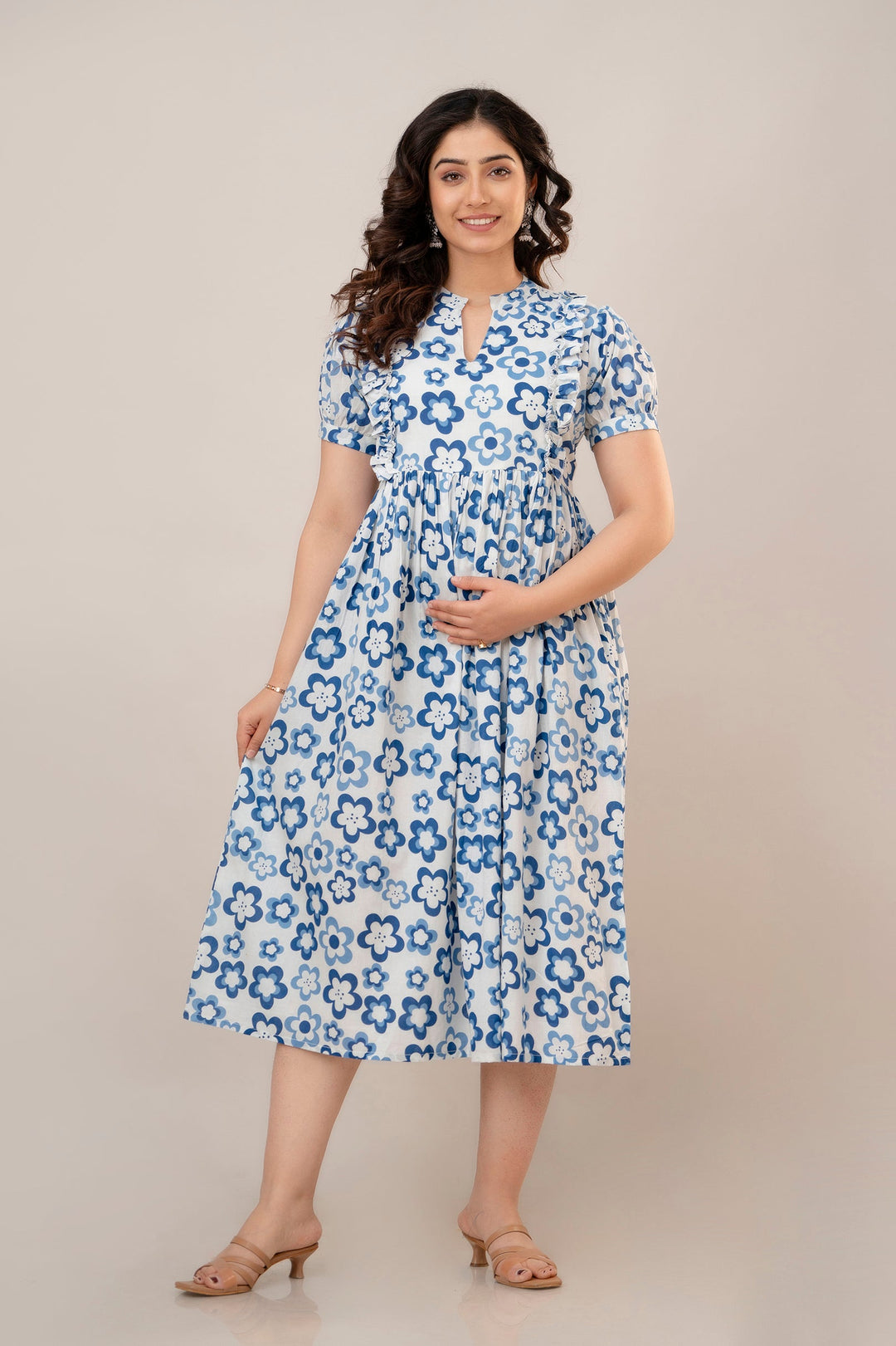 White & Blue Cotton Floral Print Maternity Dress