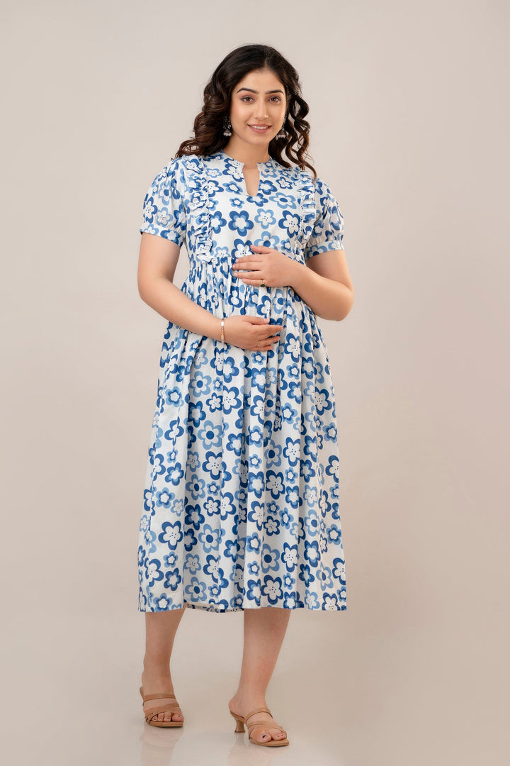 White & Blue Cotton Floral Print Maternity Dress