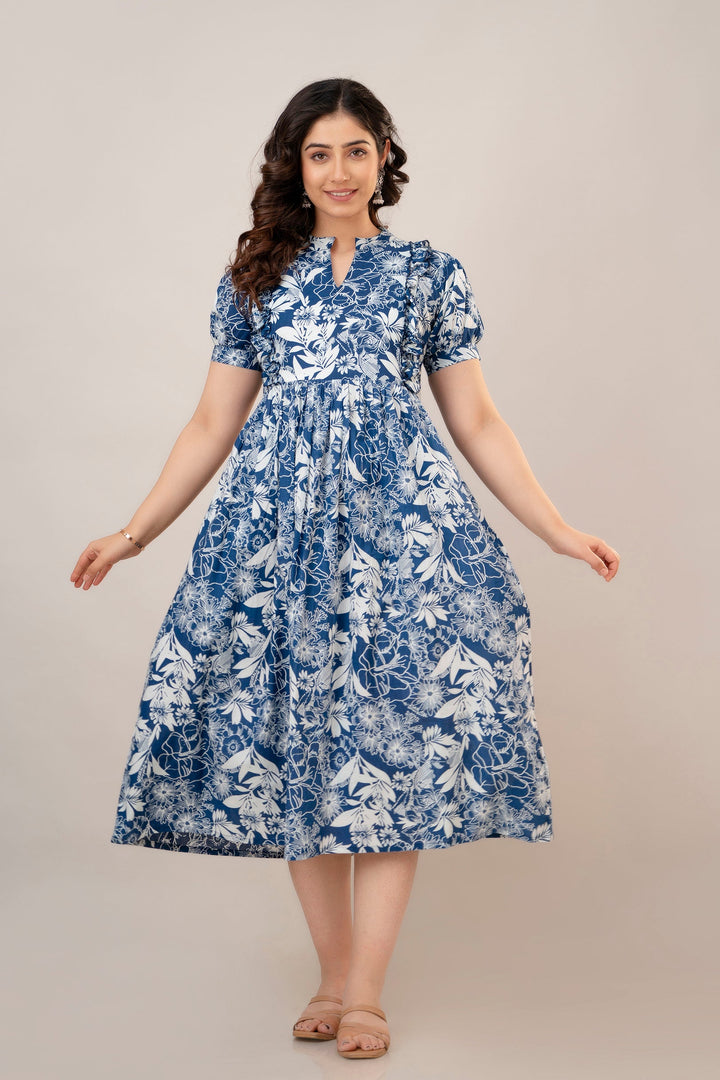 Blue & White Cotton Floral Print Maternity Dress