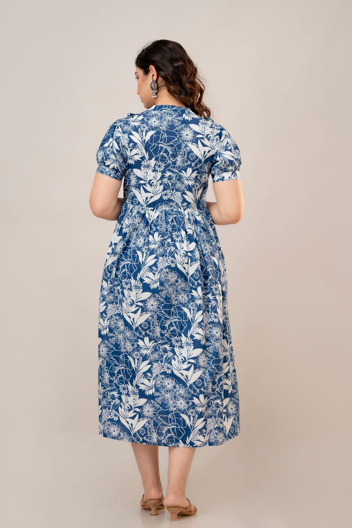Blue & White Cotton Floral Print Maternity Dress