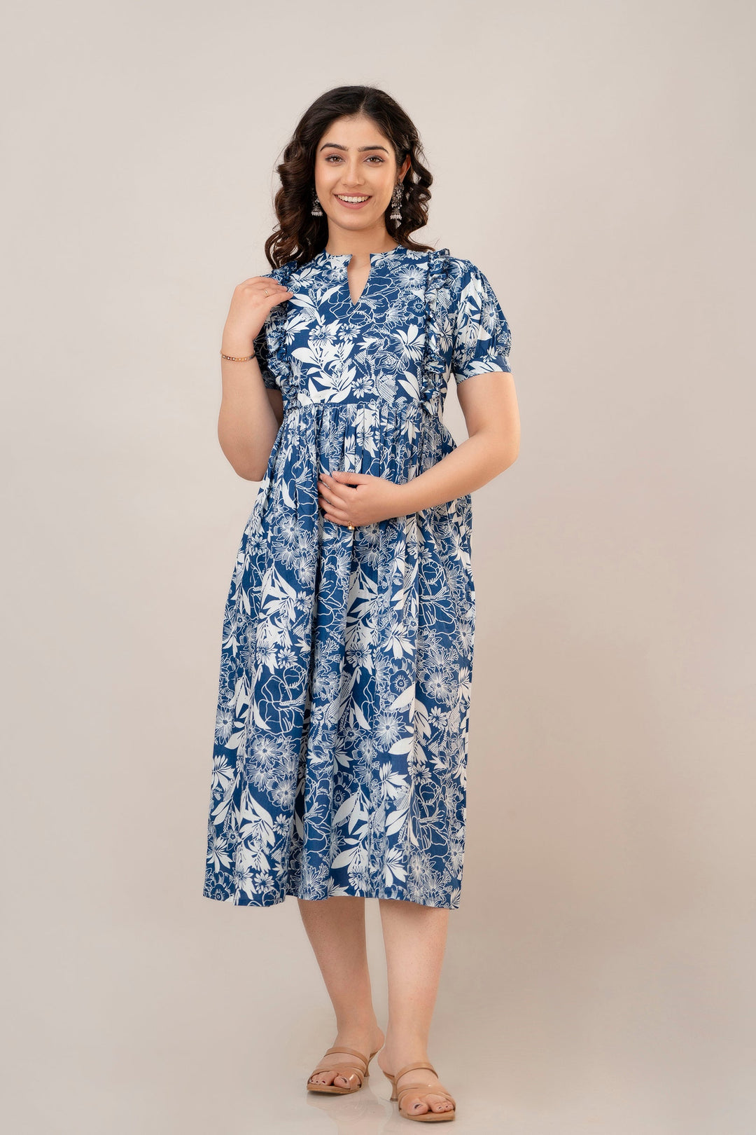 Blue & White Cotton Floral Print Maternity Dress