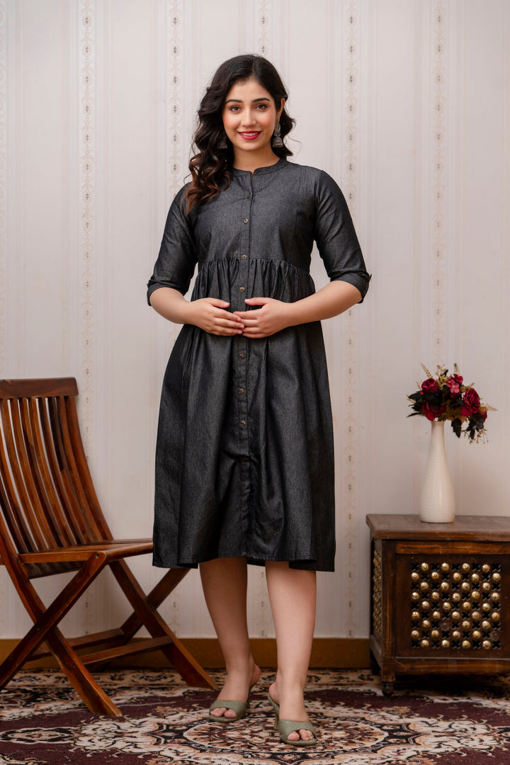 Black Denim Cotton Blend Flared Maternity Dress