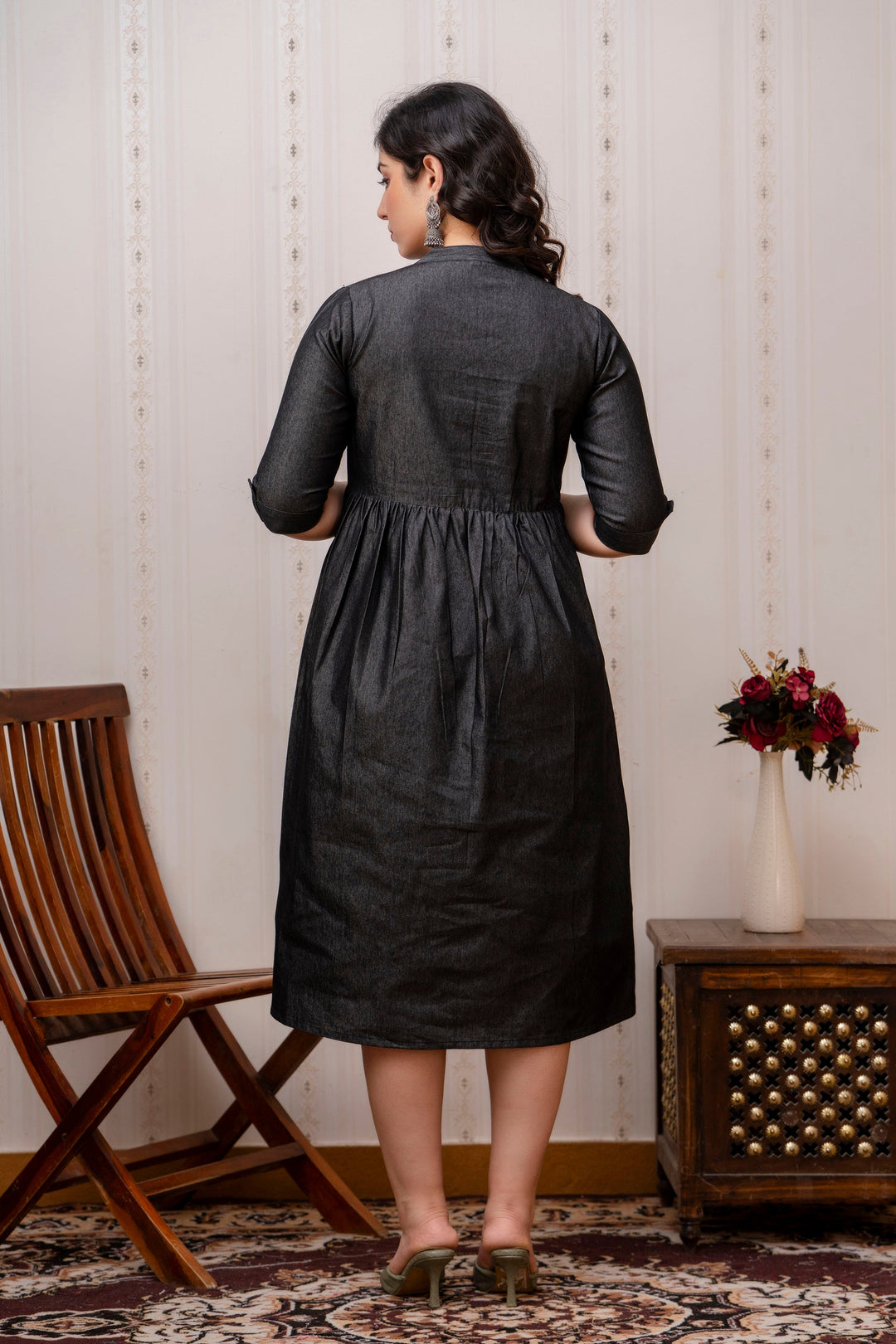 Black Denim Cotton Blend Flared Maternity Dress