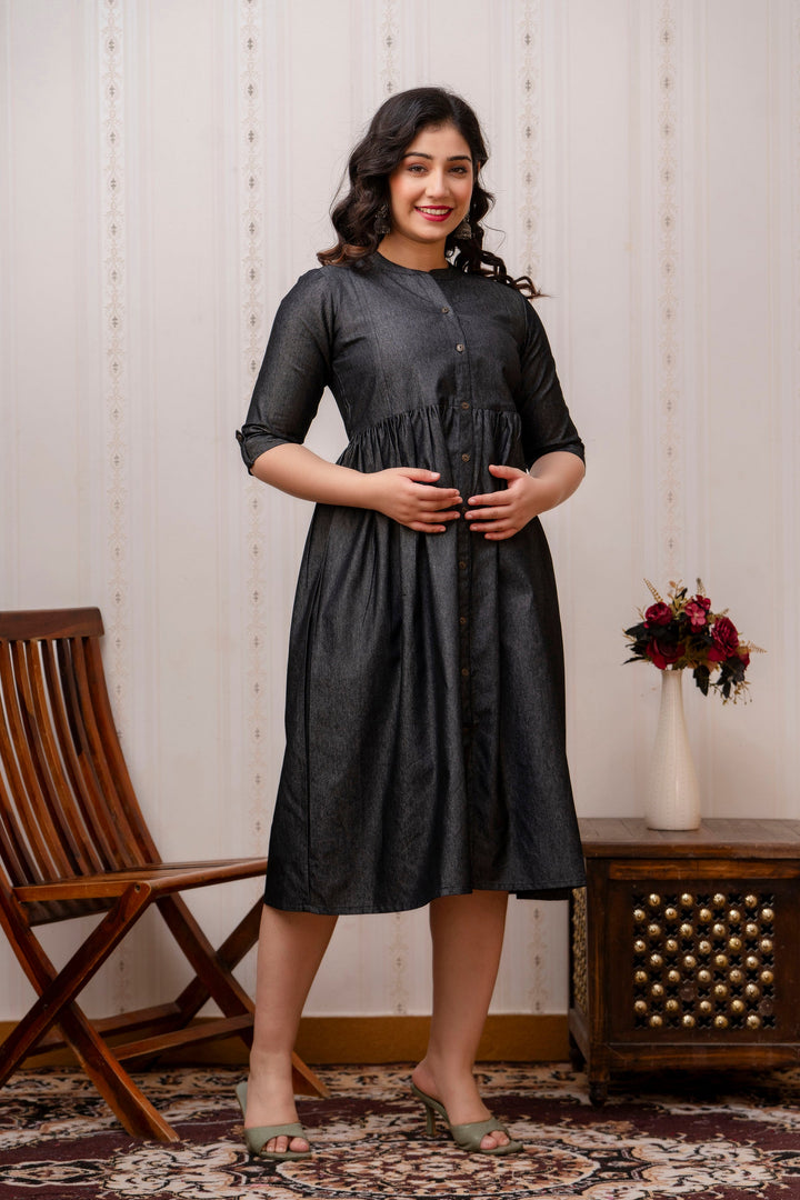 Black Denim Cotton Blend Flared Maternity Dress