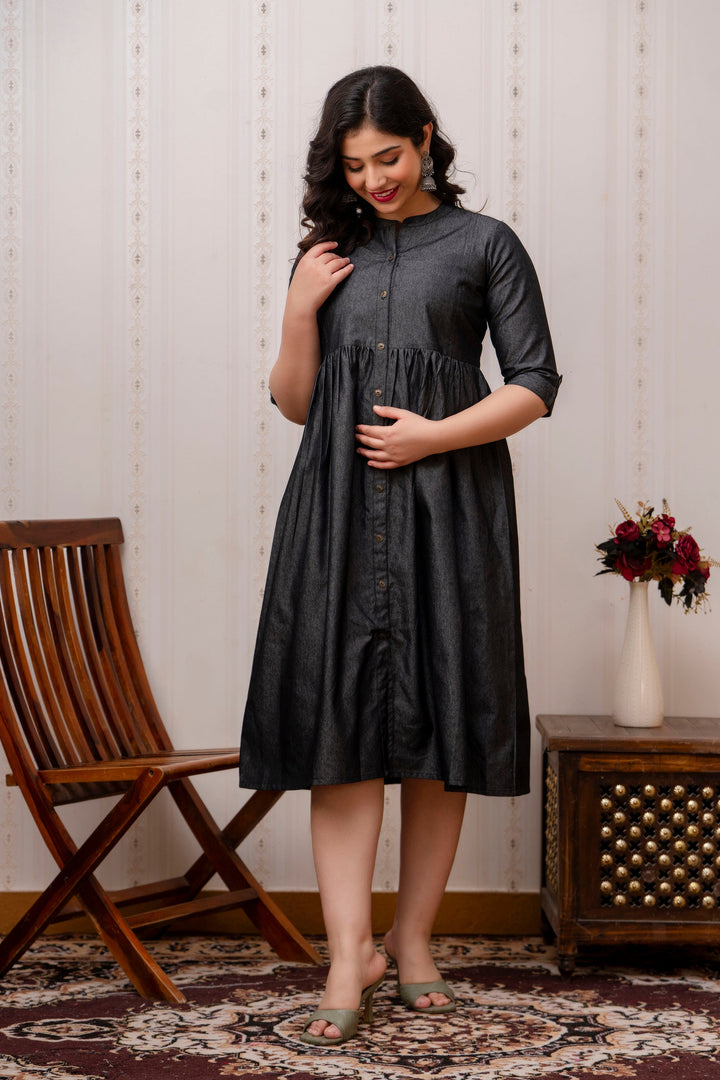Black Denim Cotton Blend Flared Maternity Dress