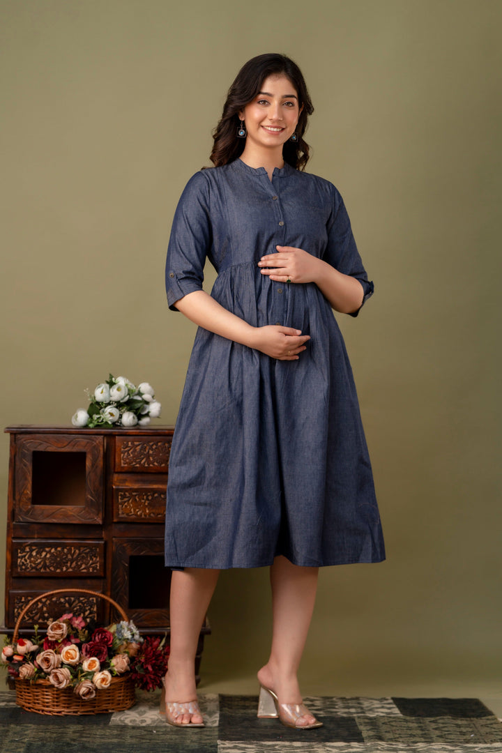 Blue Denim Cotton Blend Flared Maternity Dress