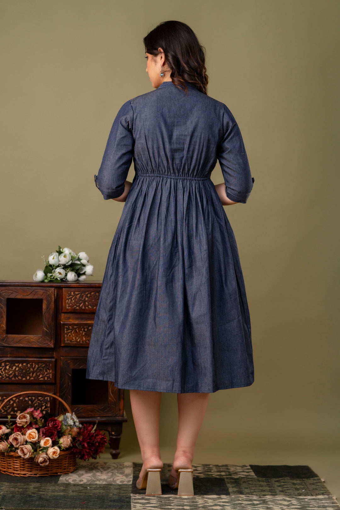 Blue Denim Cotton Blend Flared Maternity Dress