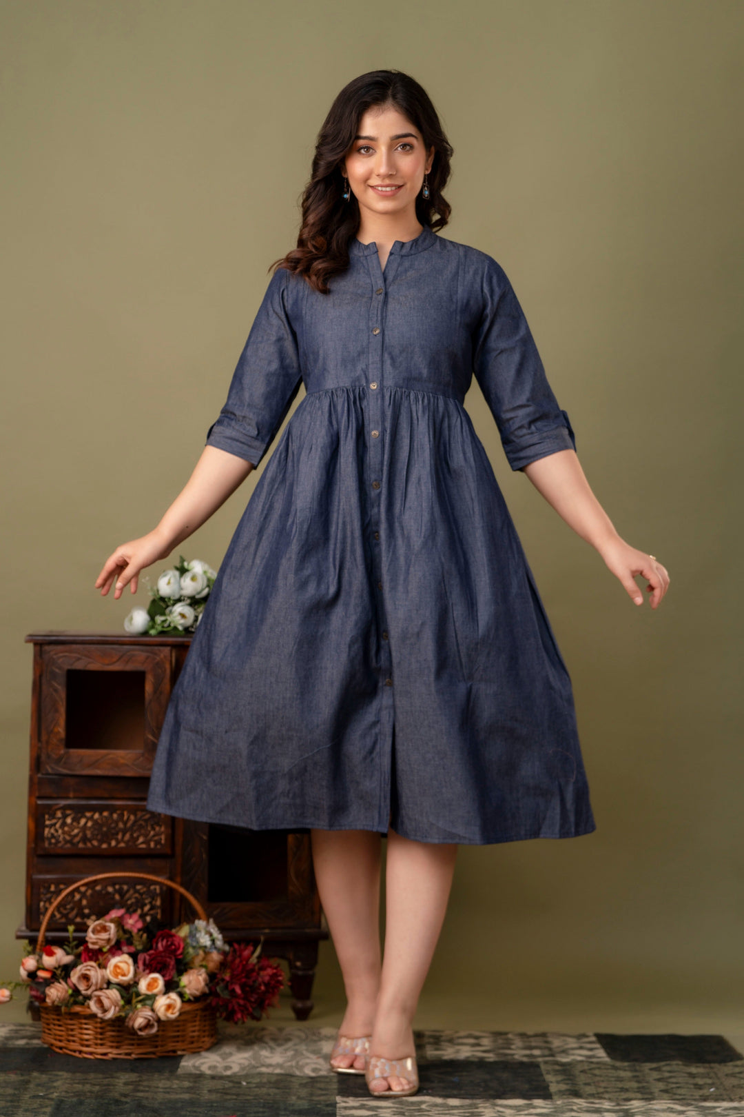 Blue Denim Cotton Blend Flared Maternity Dress