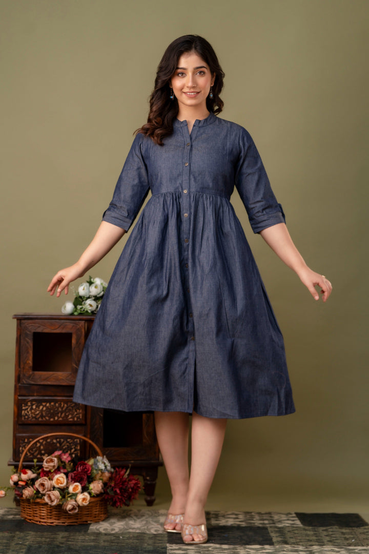 Blue Denim Cotton Blend Flared Maternity Dress