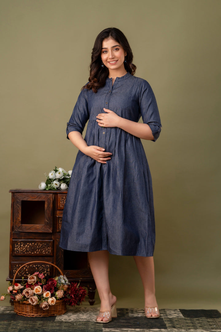 Blue Denim Cotton Blend Flared Maternity Dress