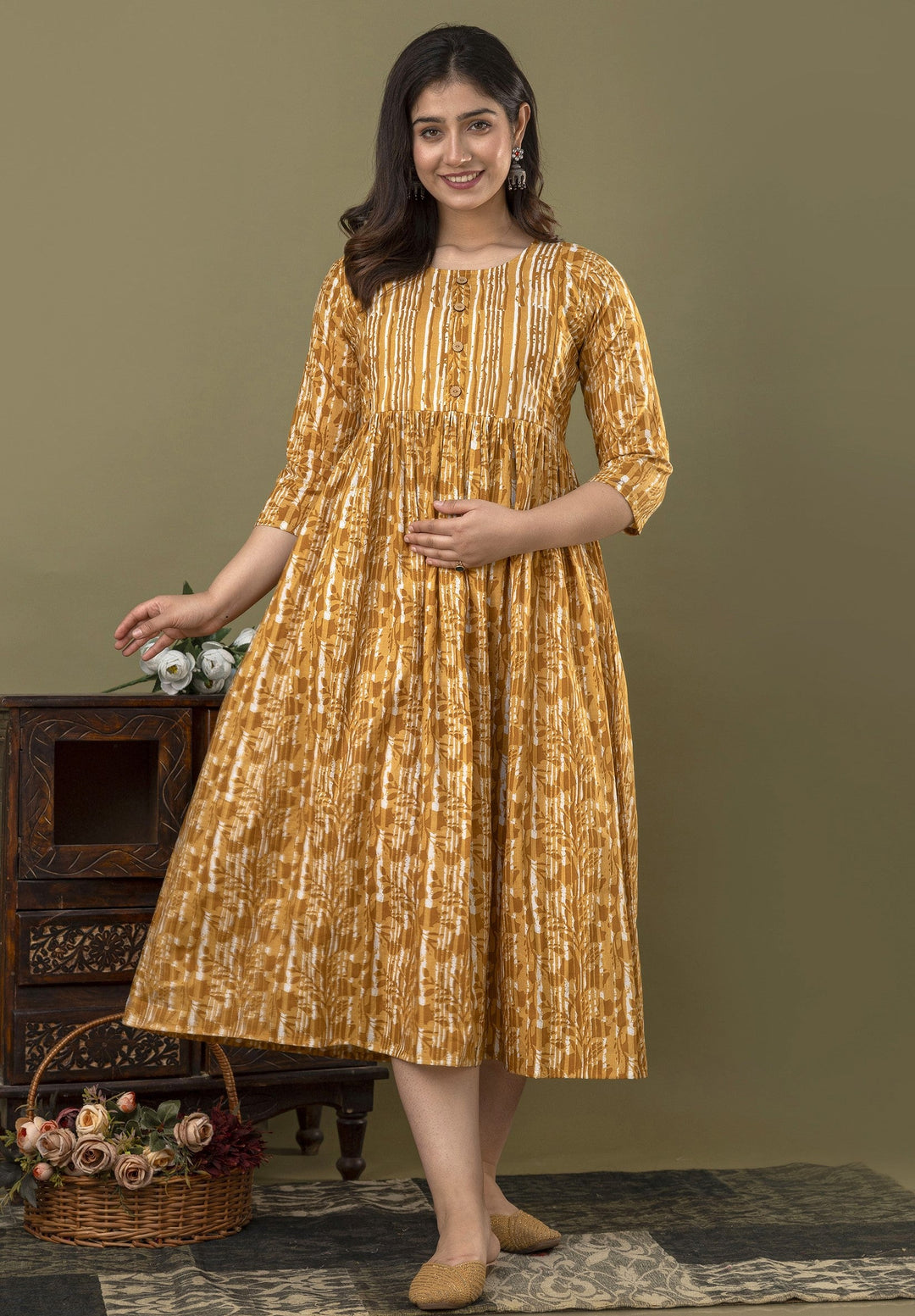 Ochre Yellow 100% Cotton Maternity Dress