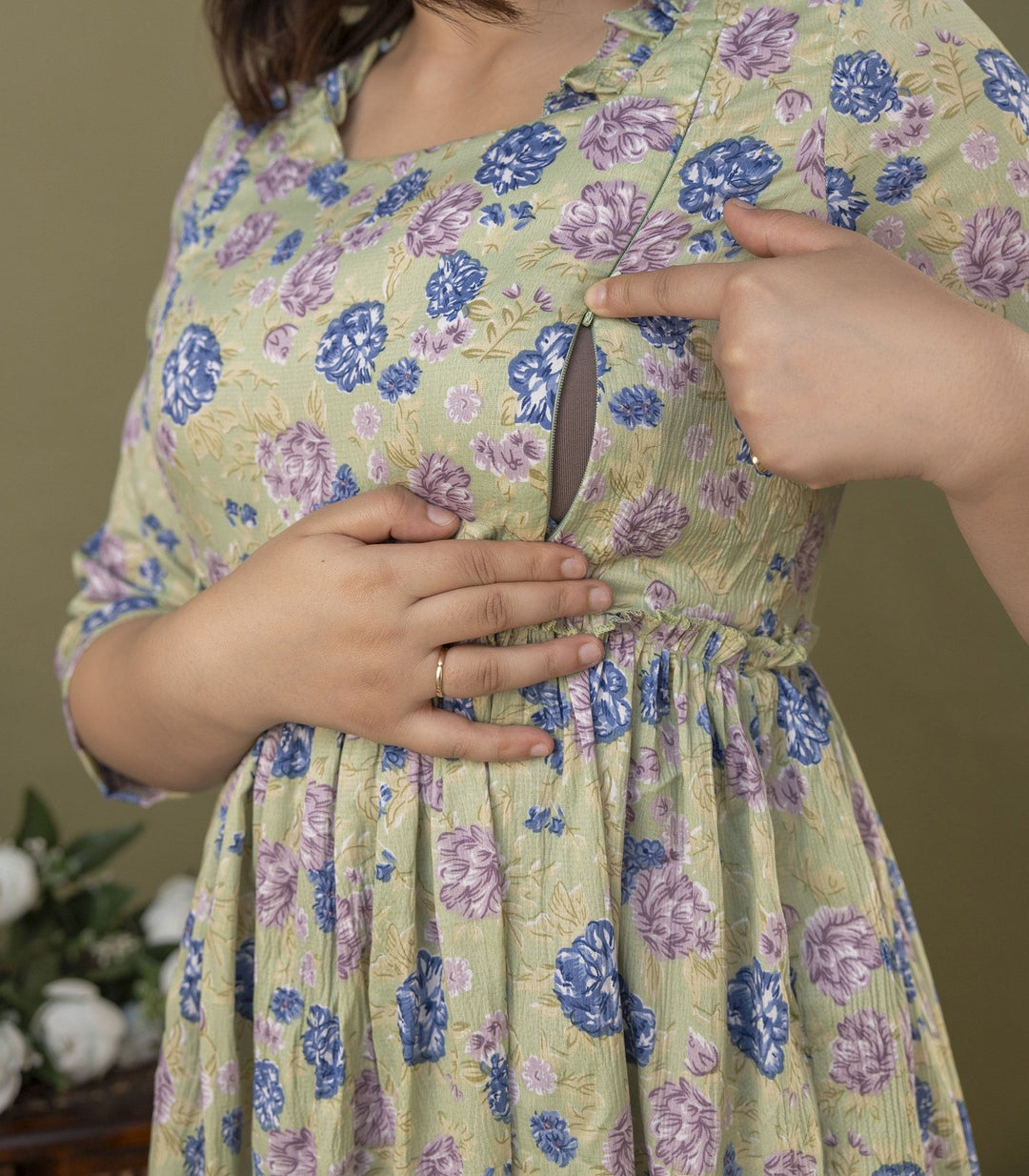 Green Poly Crepe Delta Fabric Maternity Dress