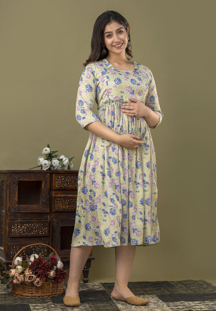 Green Poly Crepe Delta Fabric Maternity Dress