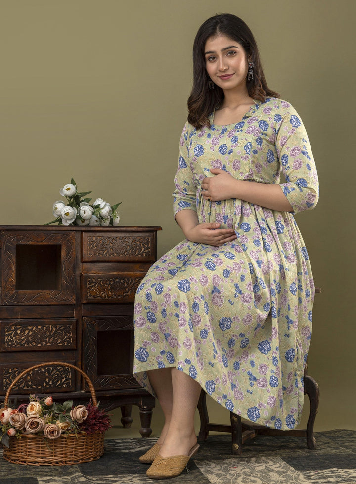 Green Poly Crepe Delta Fabric Maternity Dress