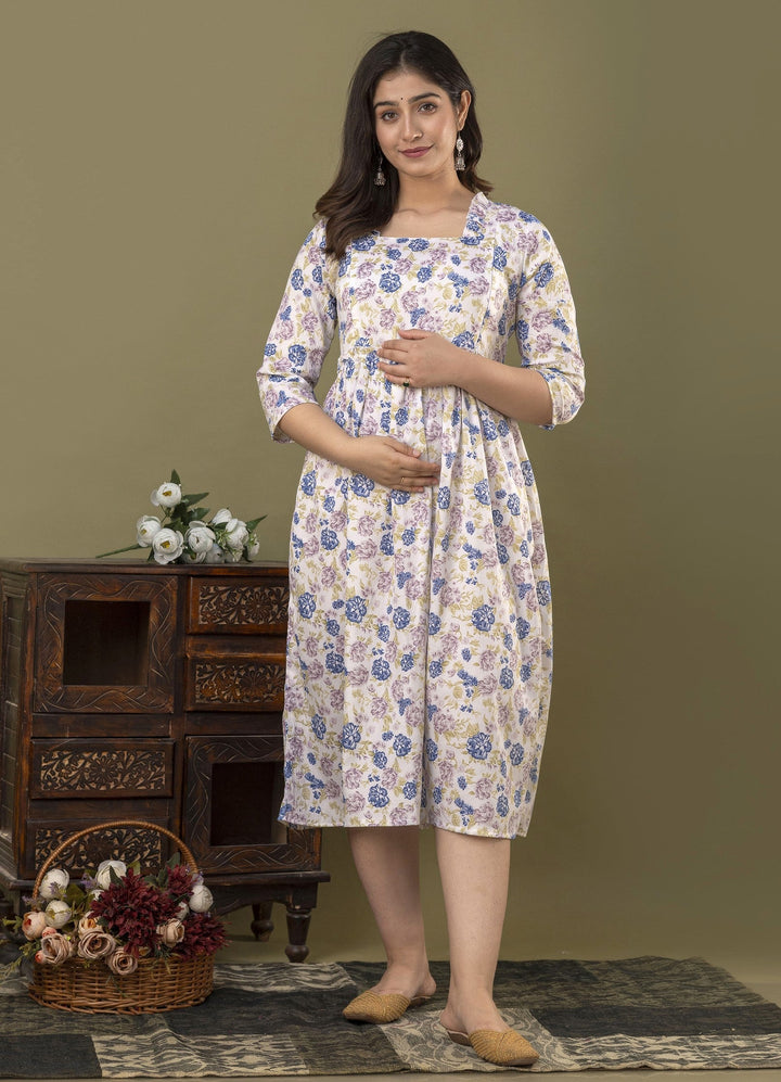White Poly Crepe Delta Fabric Maternity Dress