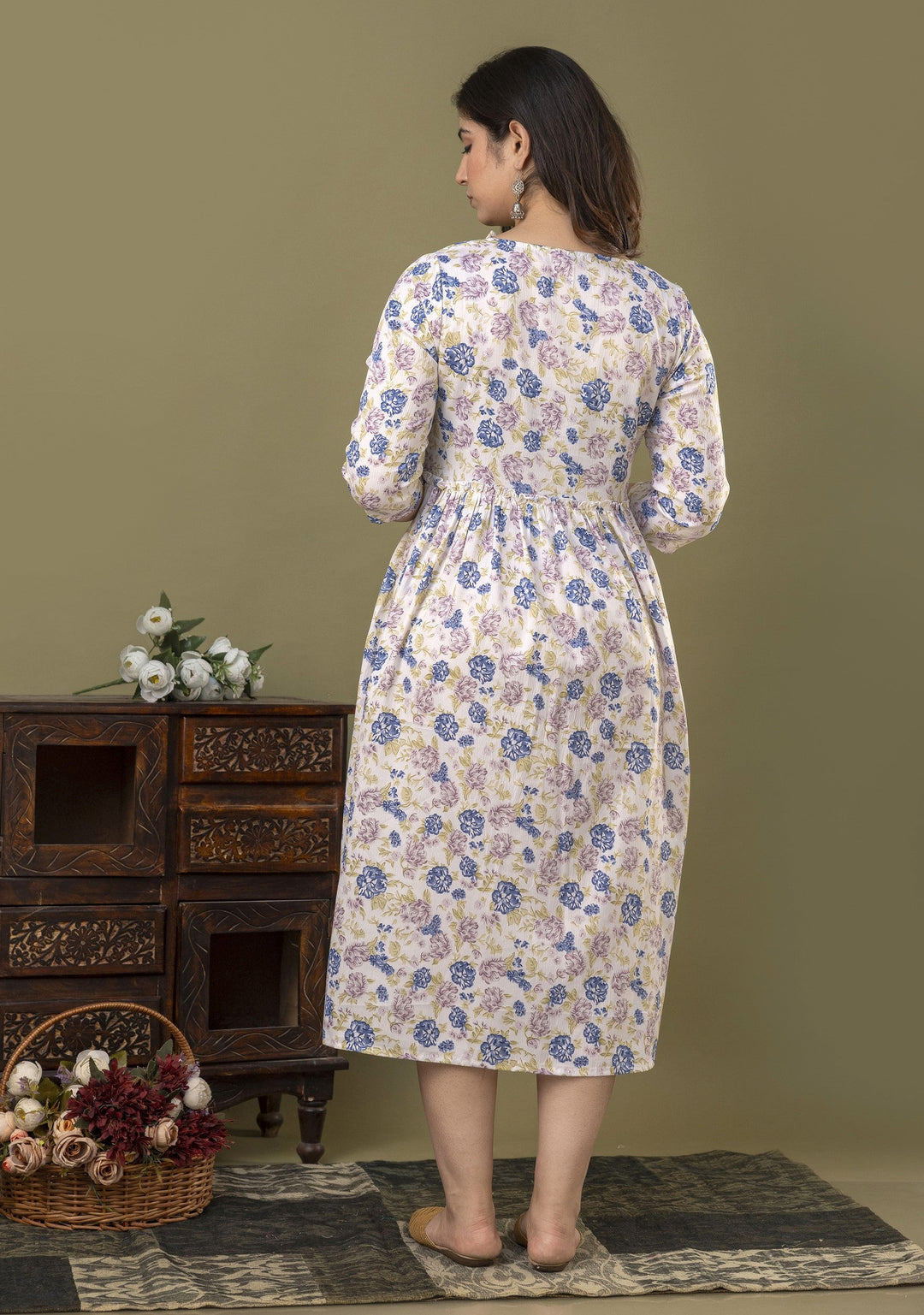 White Poly Crepe Delta Fabric Maternity Dress