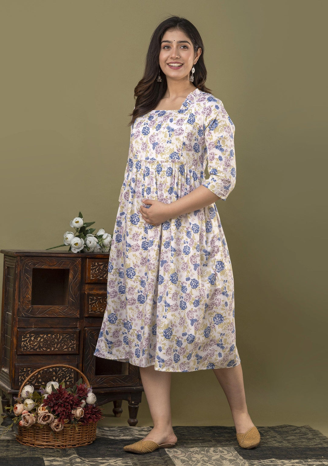 White Poly Crepe Delta Fabric Maternity Dress