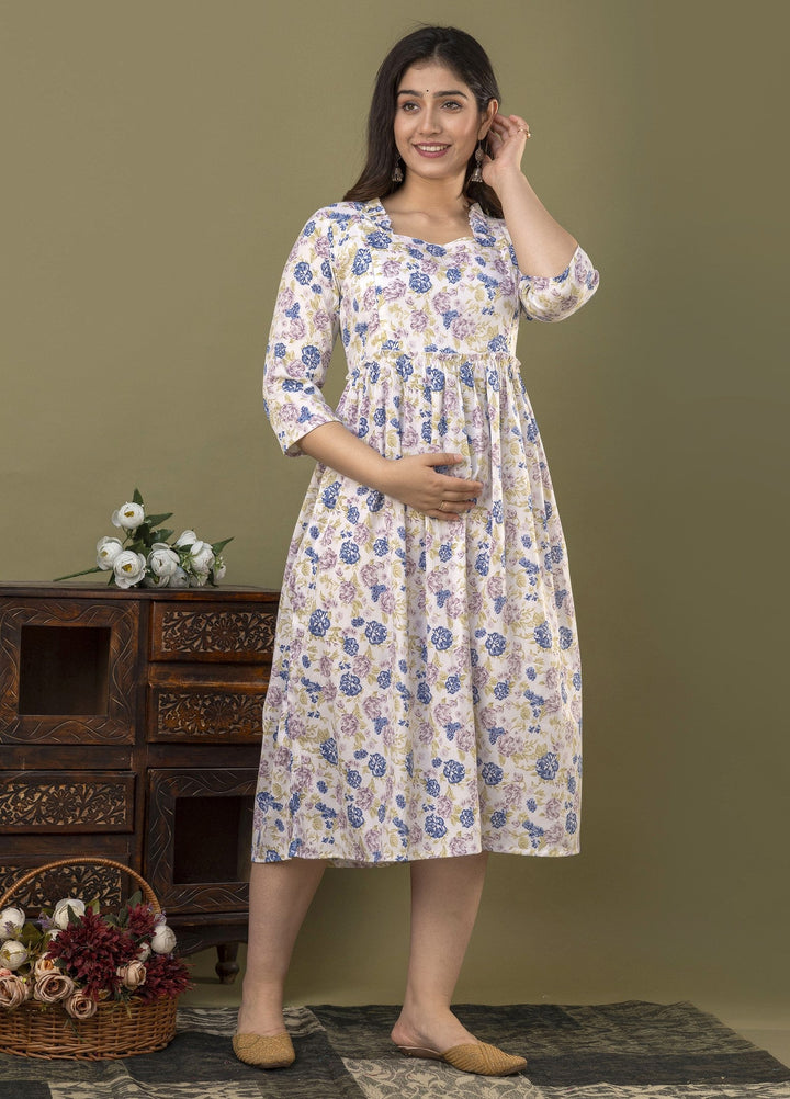 White Poly Crepe Delta Fabric Maternity Dress