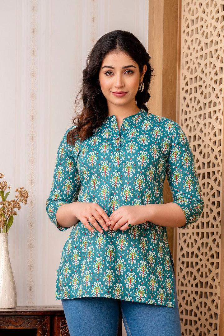 Green Pure Cotton Printed Tunic Top