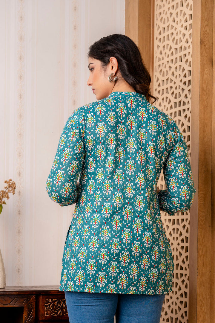 Green Pure Cotton Printed Tunic Top