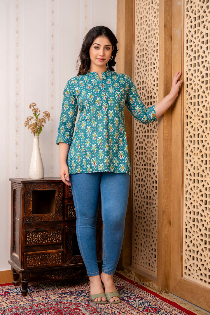 Green Pure Cotton Printed Tunic Top