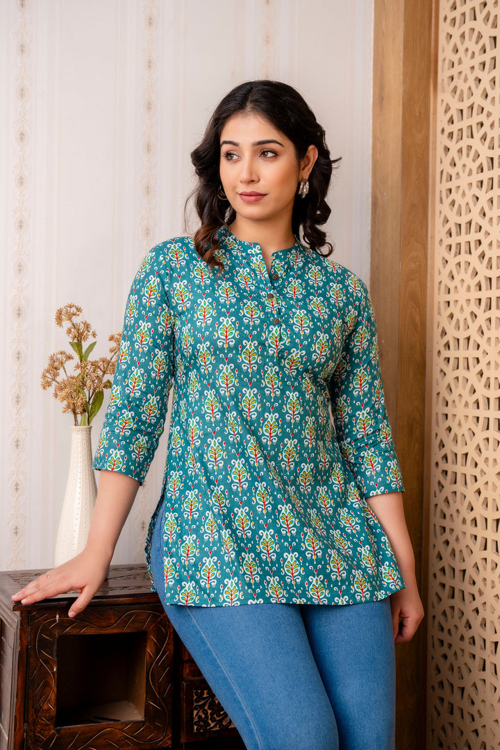 Green Pure Cotton Printed Tunic Top
