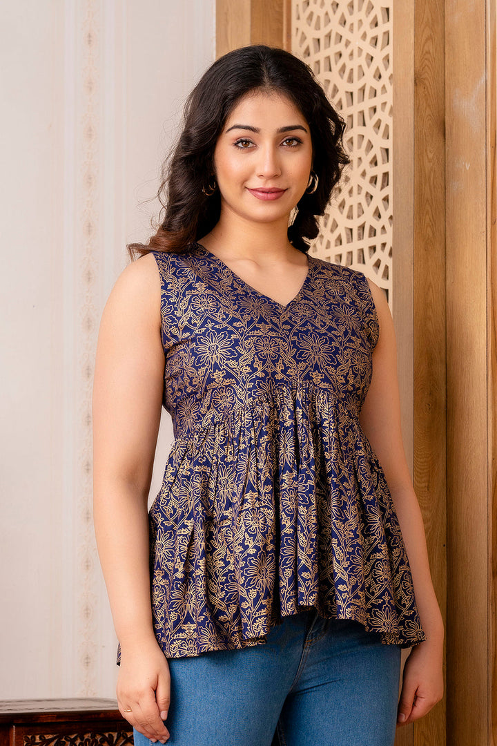 Blue & Gold Rayon Sleeveless Peplum Top