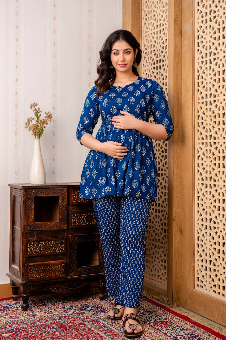 Indigo Rayon Floral Printed Maternity Co-Ord Set
